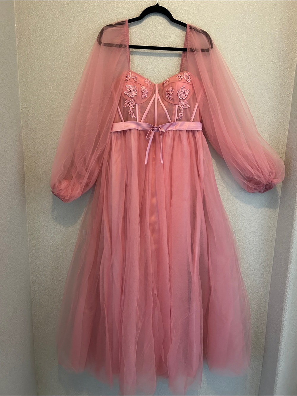 Pink Tulle Midi Dress with Sheer Puff Sleeves size 12 like new